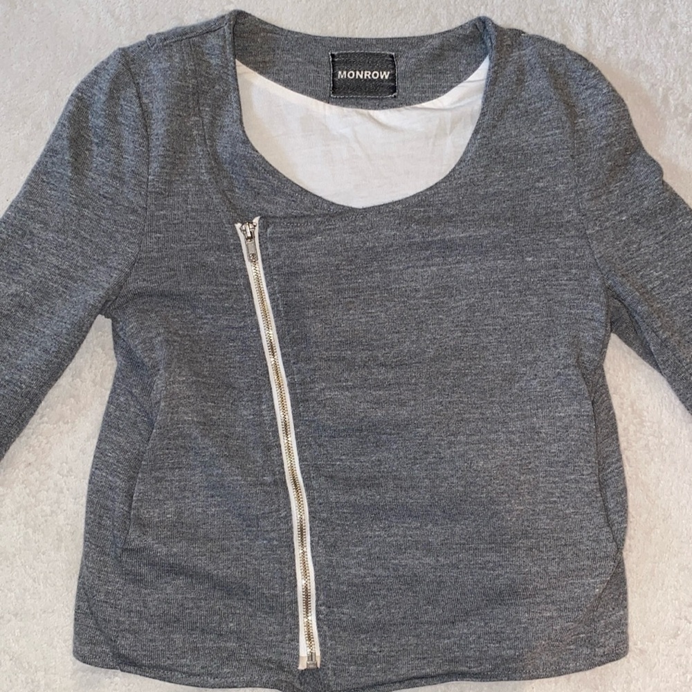 Monrow dark gray asymmetric zippered scoop neck sweatshirt top Sz XS
